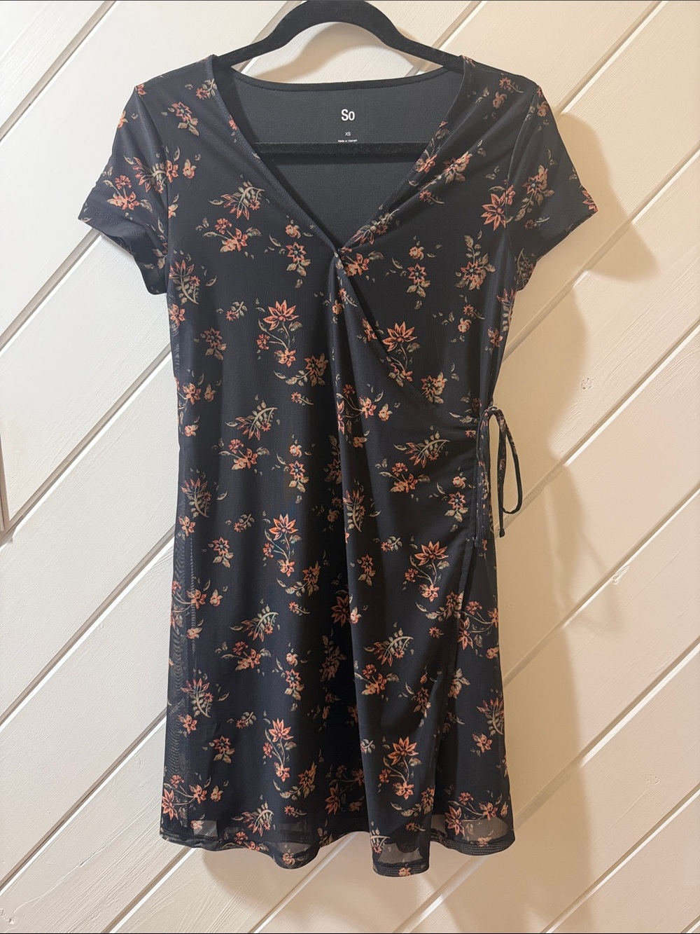SO Black Mini Wrap Dress with Pink Floral Print